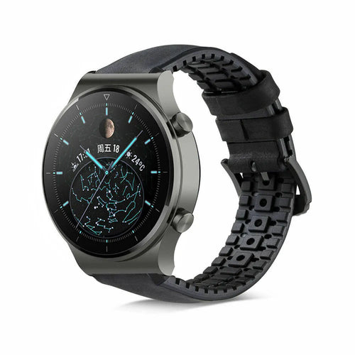 Leather Hybrid Strap, black, on a watch, 3/4 front view