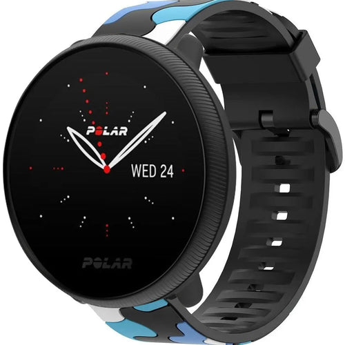 Silicone Camo Strap, blue, on a watch, 3/4 front view