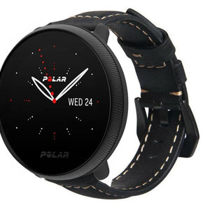 Leather Strap, black, on a watch, 3/4 front view