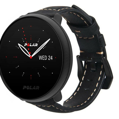 Leather Strap, black, on a watch, 3/4 front view