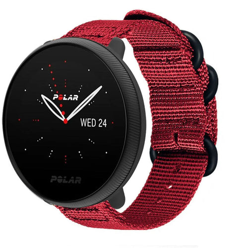 Nylon Buckle Strap, red, on a watch, 3/4 front view