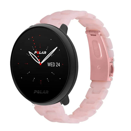 Metal Resin Strap, pink, on a watch, 3/4 front view
