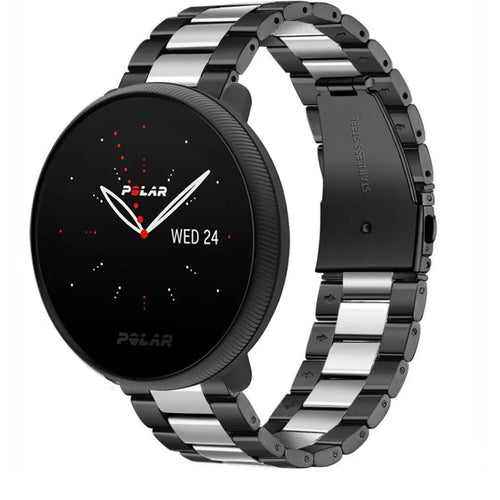 Steel Strap, black/silver, on a watch, 3/4 front view