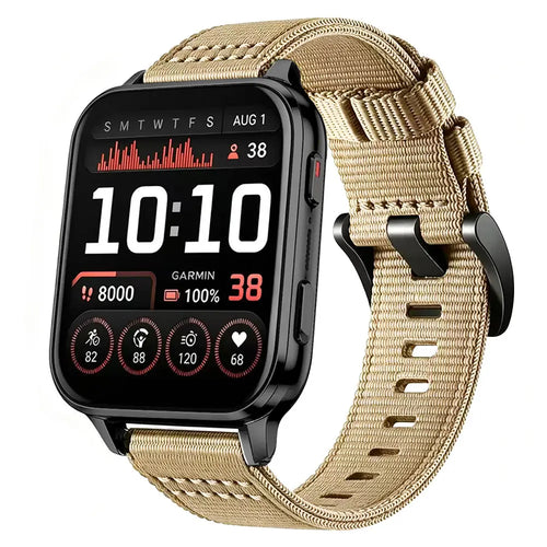 Nylon Buckle Strap, khaki, on a watch, 3/4 front view