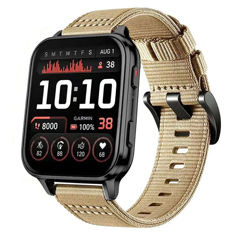 Nylon Buckle Strap, khaki, on a watch, 3/4 front view