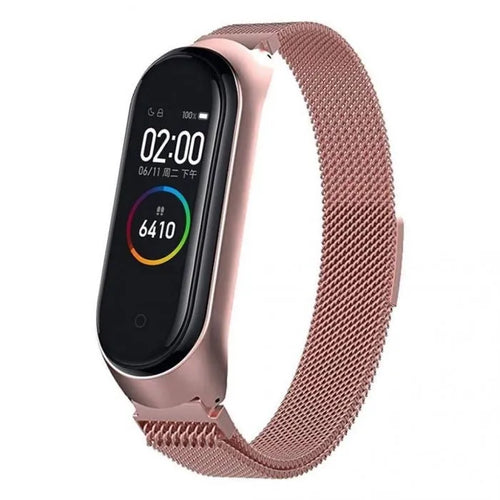 Milanese Strap, pink, on a watch, 3/4 front view