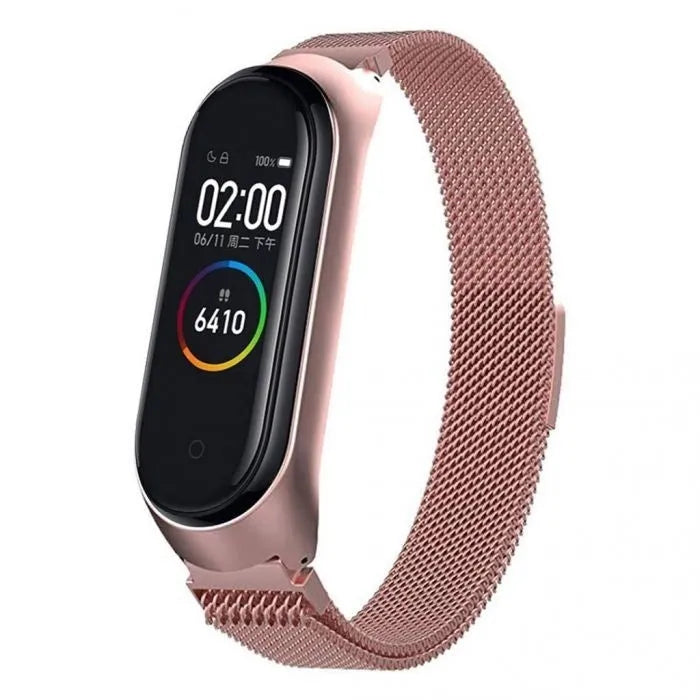 Milanese Strap, pink, on a watch, 3/4 front view