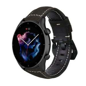 Leather Strap, black, on a watch, 3/4 front view