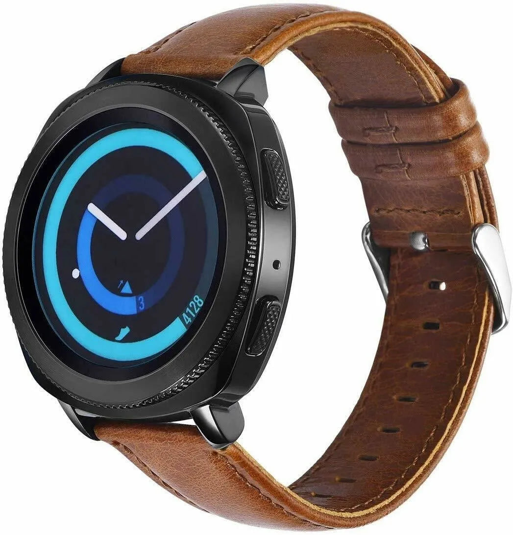 Leather Strap, brown, on a watch, 3/4 front view