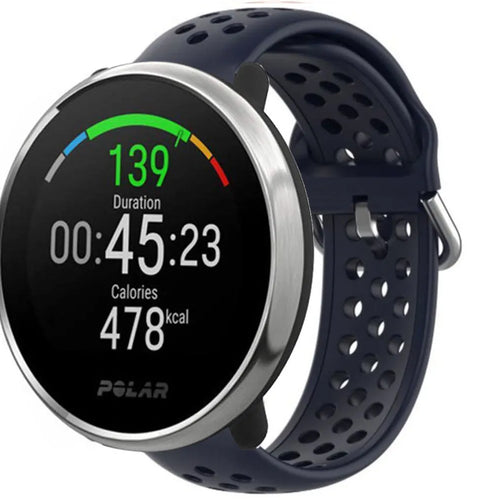 Breathable Silicone Strap, dark blue, on a watch, 3/4 front view