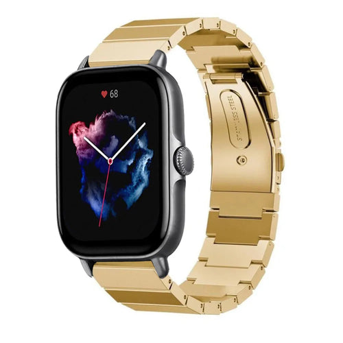 Premium Metal Strap, gold, on a watch, 3/4 front view