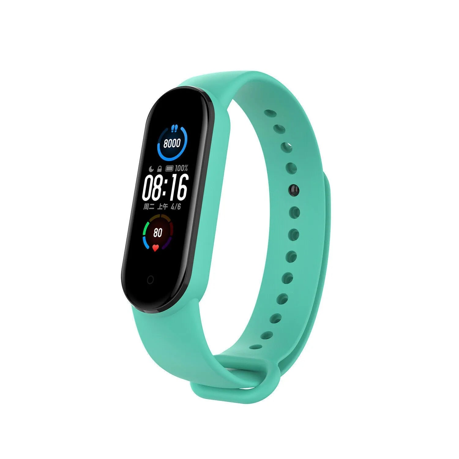 Silicone Strap, aqua, on a watch, 3/4 front view