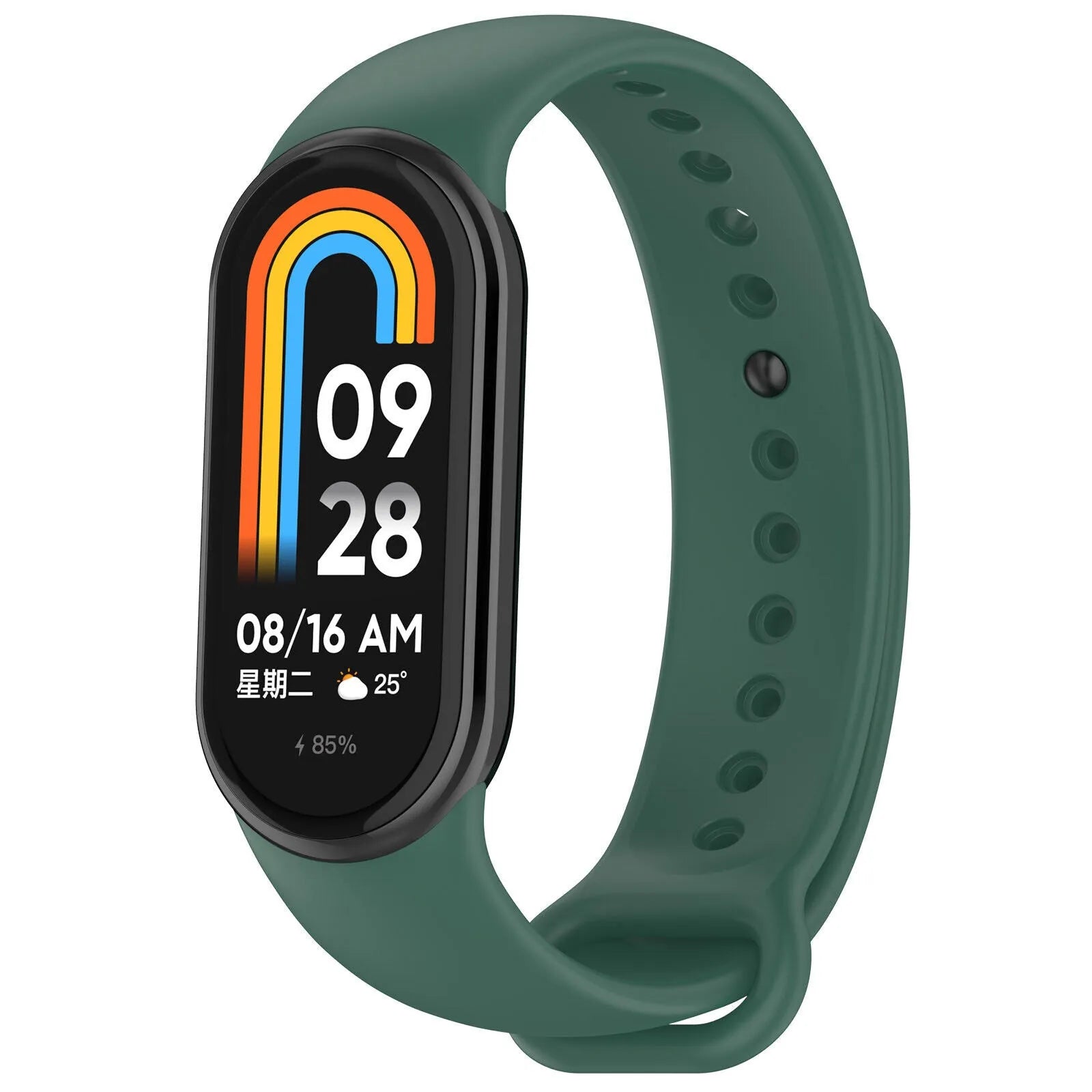 Silicone Strap, dark green, on a watch, 3/4 front view