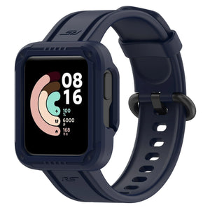 Silicone Strap with Frame, dark blue, on a watch, 3/4 front view