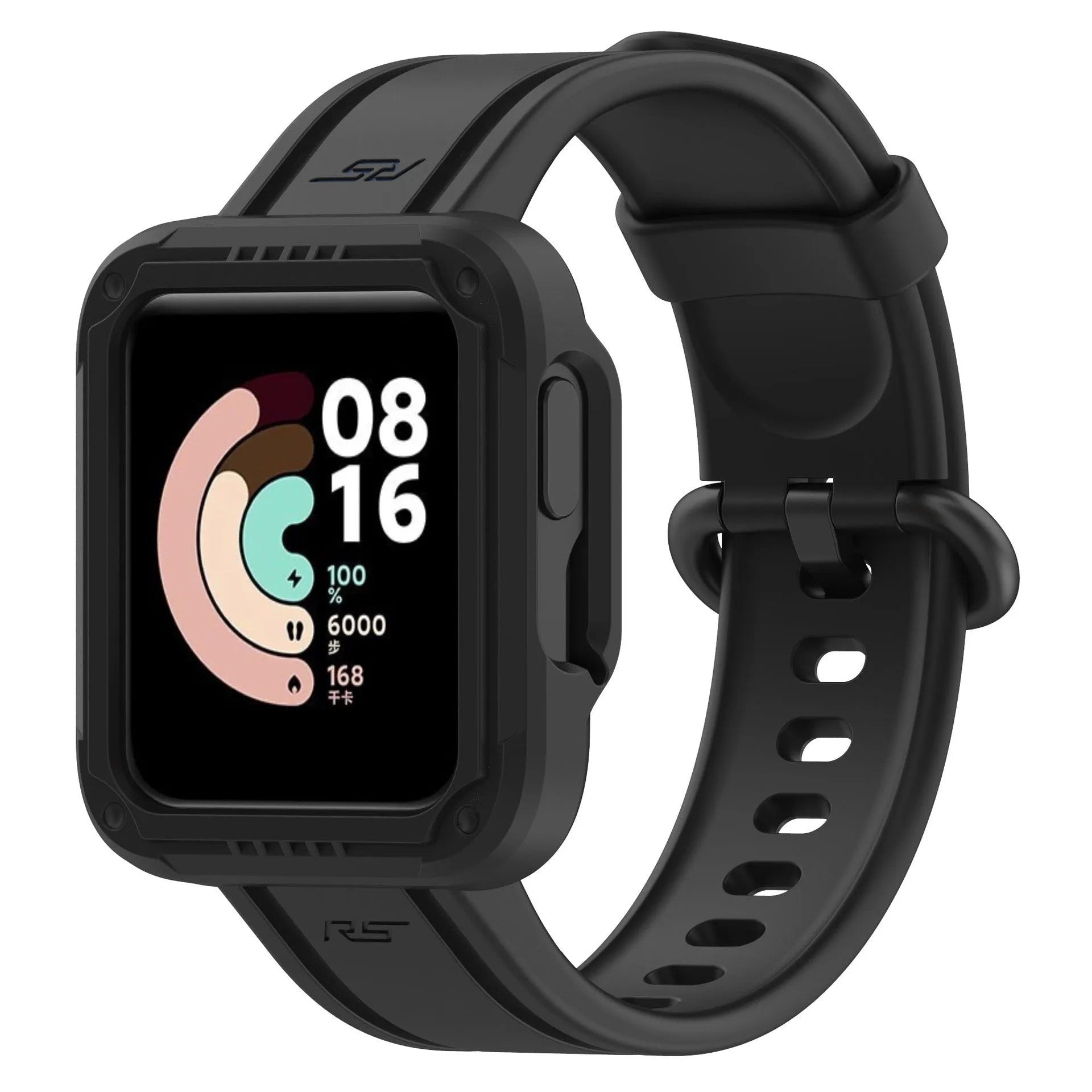 Silicone Strap with Frame, black, on a watch, 3/4 front view