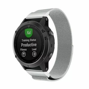 Milanese Strap, silver, on a watch, 3/4 front view