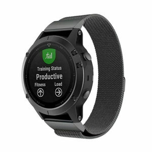 Milanese Strap, black, on a watch, 3/4 front view