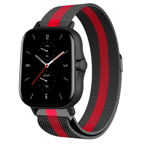 Milanese Strap, black/red, on a watch, 3/4 front view