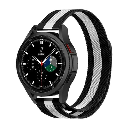 Milanese Strap, black/white, on a watch, 3/4 front view