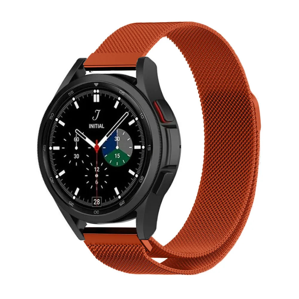 Milanese Strap, orange, on a watch, 3/4 front view