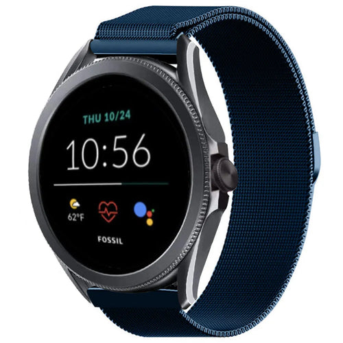 Milanese Strap, blue, on a watch, 3/4 front view