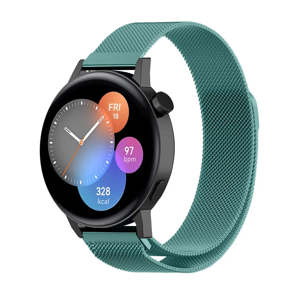 Milanese Strap, green, on a watch, 3/4 front view