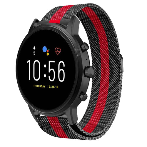 Milanese Strap, black/red, on a watch, 3/4 front view