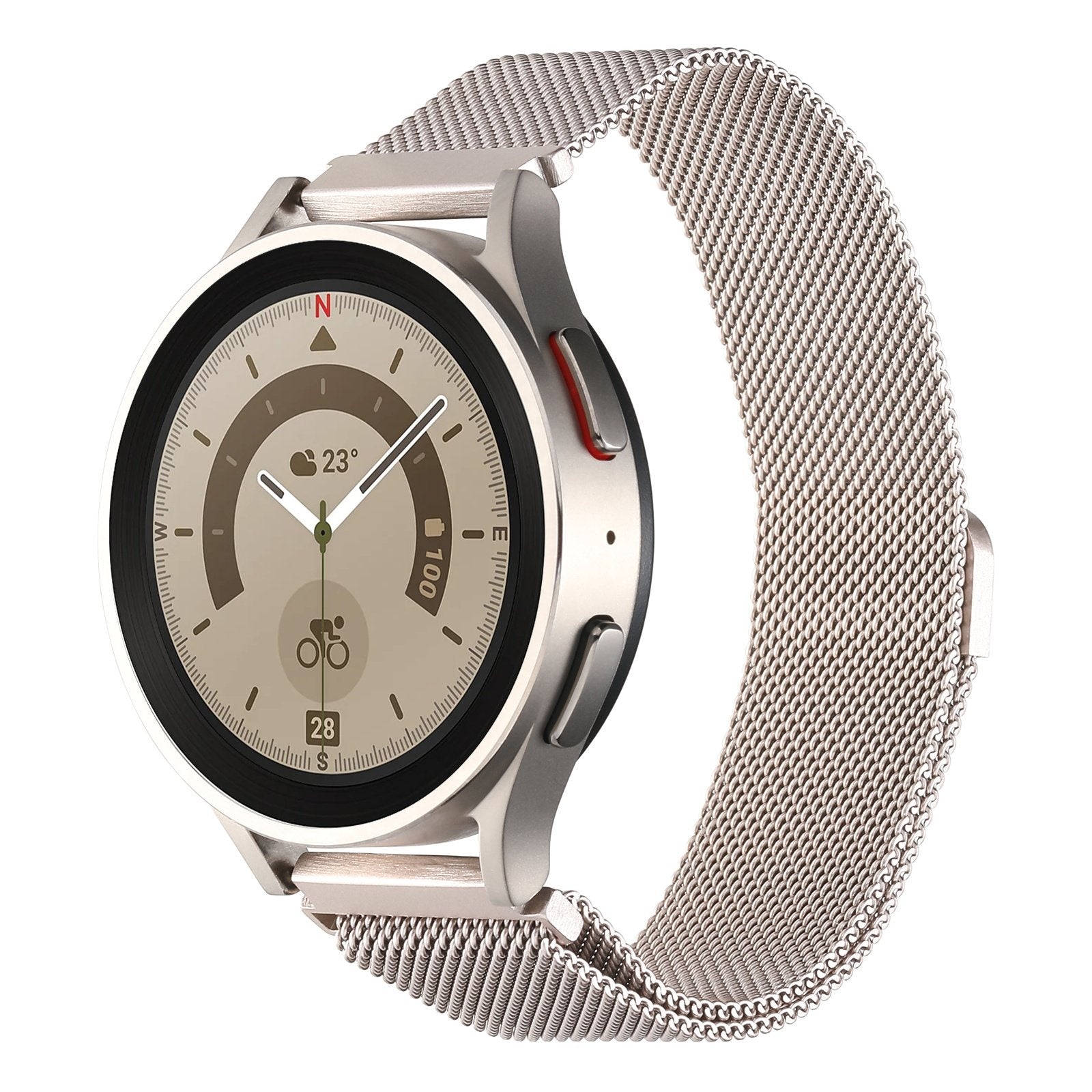 Milanese Strap, starlight, on a watch, 3/4 front view