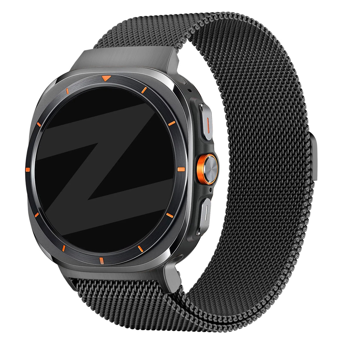 Milanese Loop Strap, black, on a watch, 3/4 front view