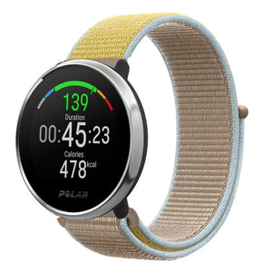 Nylon Strap, camel, on a watch, 3/4 front view