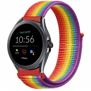 Nylon Strap, rainbow, on a watch, 3/4 front view