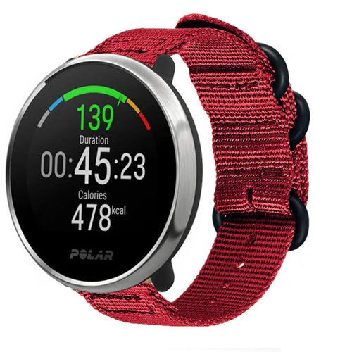 Nylon Buckle Strap, red, on a watch, 3/4 front view