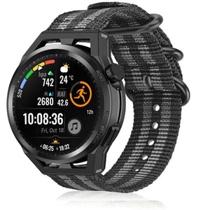 Nylon Buckle Strap, black/grey, on a watch, 3/4 front view