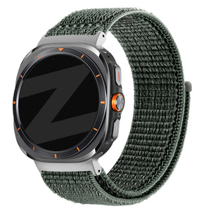 Nylon Loop Strap, grey-green, on a watch, 3/4 front view