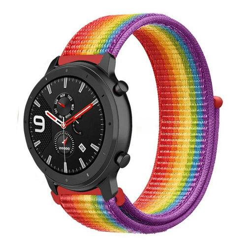 Nylon Strap, rainbow, on a watch, 3/4 front view