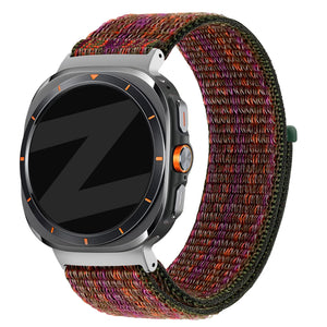 Nylon Loop Strap, green mix, on a watch, 3/4 front view