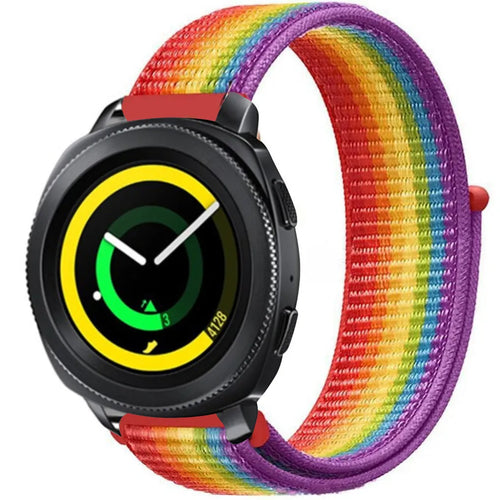 Nylon Strap, rainbow, on a watch, 3/4 front view