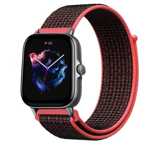 Nylon Strap, black/coral, on a watch, 3/4 front view