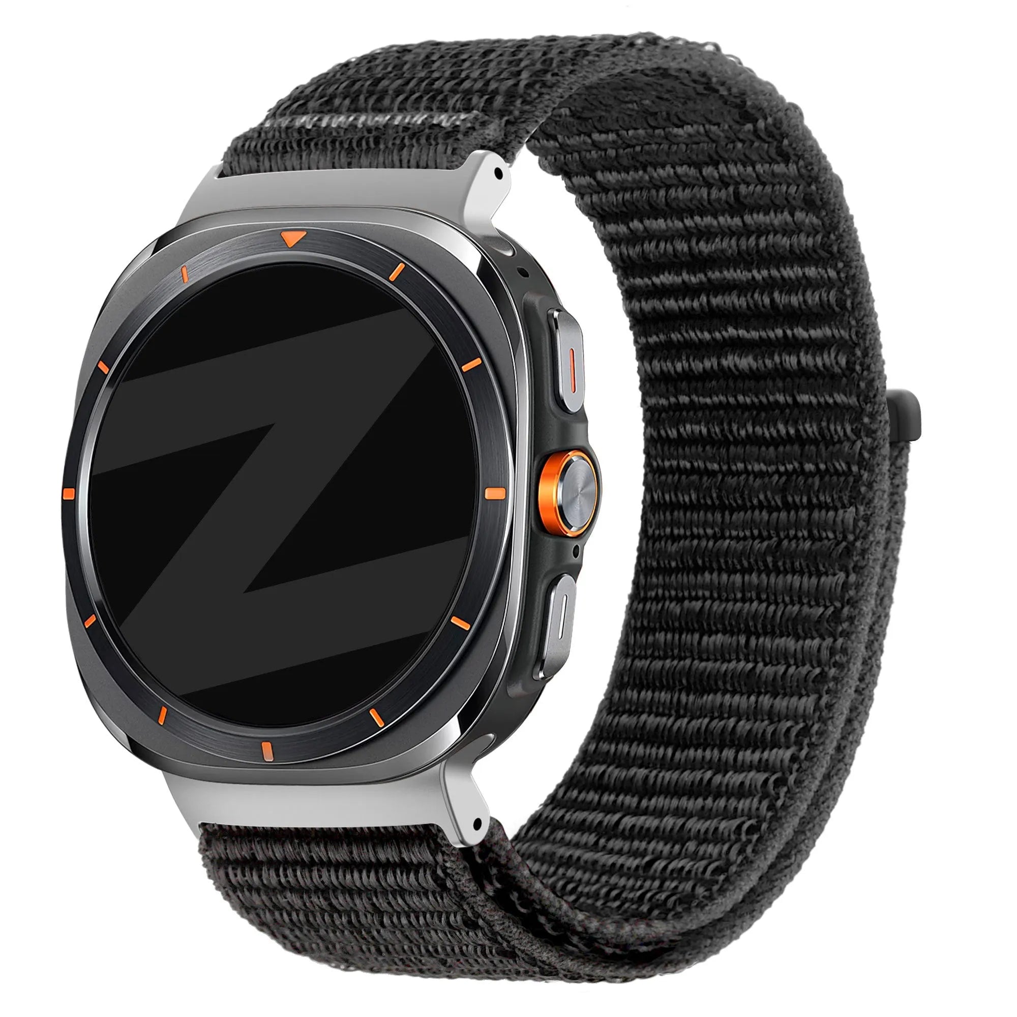 Nylon Loop Strap, black, on a watch, 3/4 front view
