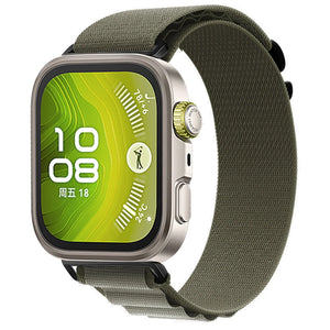 Alpine Nylon Strap, olive green, on a watch, 3/4 front view