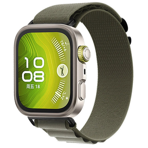 Alpine Nylon Strap, olive green, on a watch, 3/4 front view