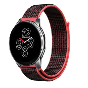 Nylon Strap, black/coral, on a watch, 3/4 front view