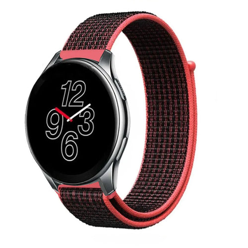 Nylon Strap, black/coral, on a watch, 3/4 front view