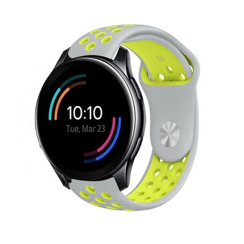 Silicone Sport Strap, grey/yellow, on a watch, 3/4 front view