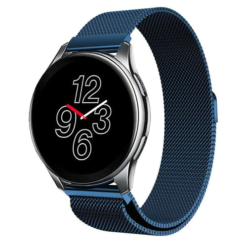 Milanese Strap, blue, on a watch, 3/4 front view