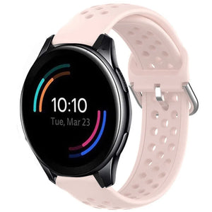 Breathable Silicone Strap, pink, on a watch, 3/4 front view