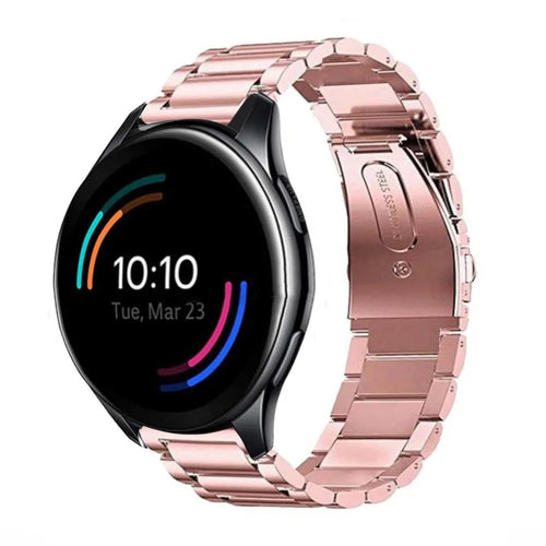 Steel Strap, pink, on a watch, 3/4 front view
