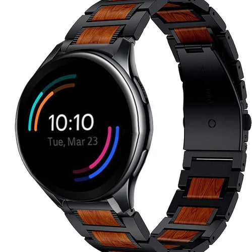 Wood Steel Strap, black, on a watch, 3/4 front view