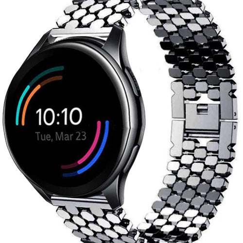Steel Strap Hexagons, black, on a watch, 3/4 front view