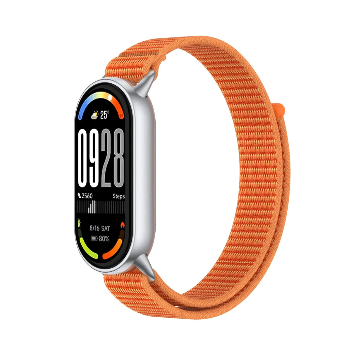 Modern Nylon Strap, orange, on a watch, 3/4 front view